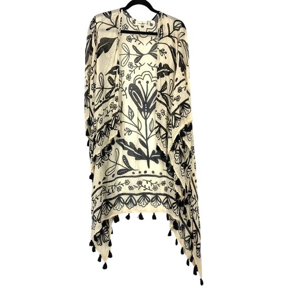 NATURAL LIFE Tops - Natural Life Womens OS Tassel Trim Kimono Black Beige Botanical Floral Print